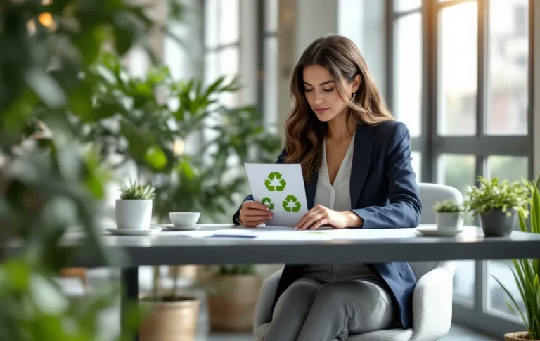 Une femme entrepreneure en tenue professionnelle organise des documents liés à la durabilité sur un bureau moderne, entourée de plantes vertes et éclairée par la lumière du jour.